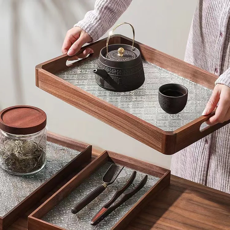 High-Class Rectangular Shape Wooden Serving Trays With Glass Bottom Elegant Wood Trays For Food and Snack