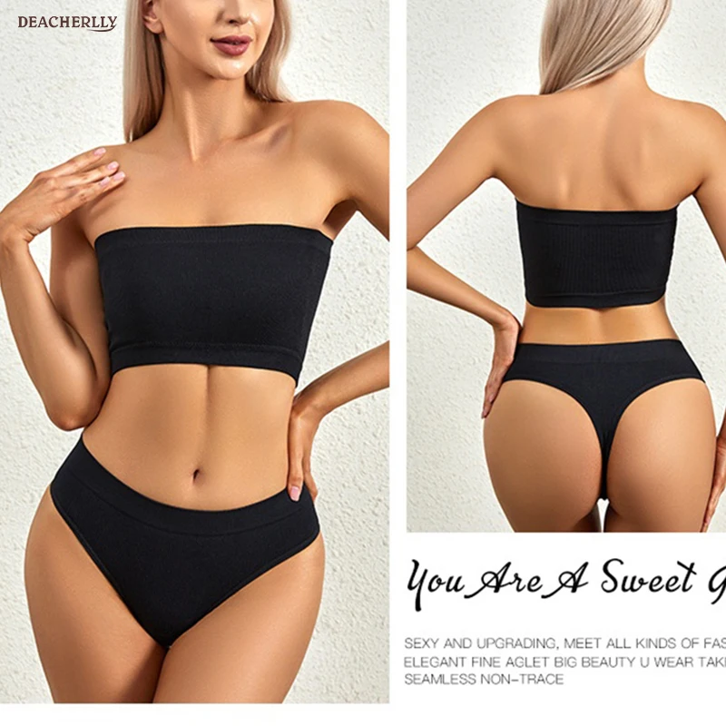 Women Classic Seamless Padded Bandeau and Brief Set Two Pieces Lingerie Bra Thong Sets