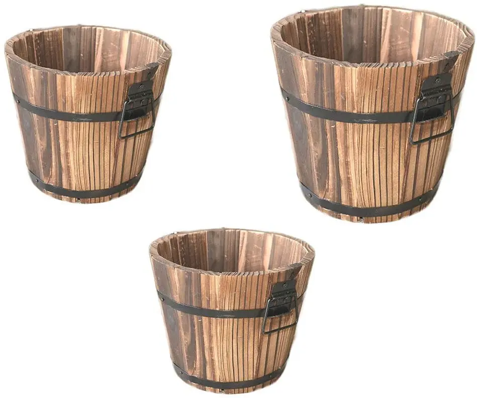 Rustic Wooden Barrels Planters Whiskey Barrels Bucket with Handle Flower Planter Plant Pots Boxes Container