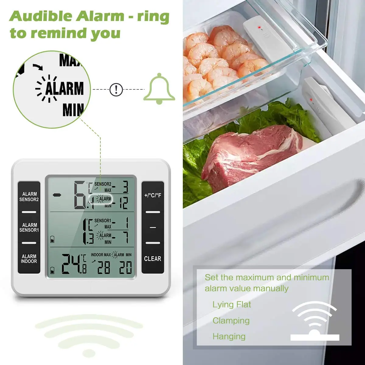 KH-TH026 Wireless Indoor Outdoor Thermometer Refrigerator Thermometer with 2 Sensors