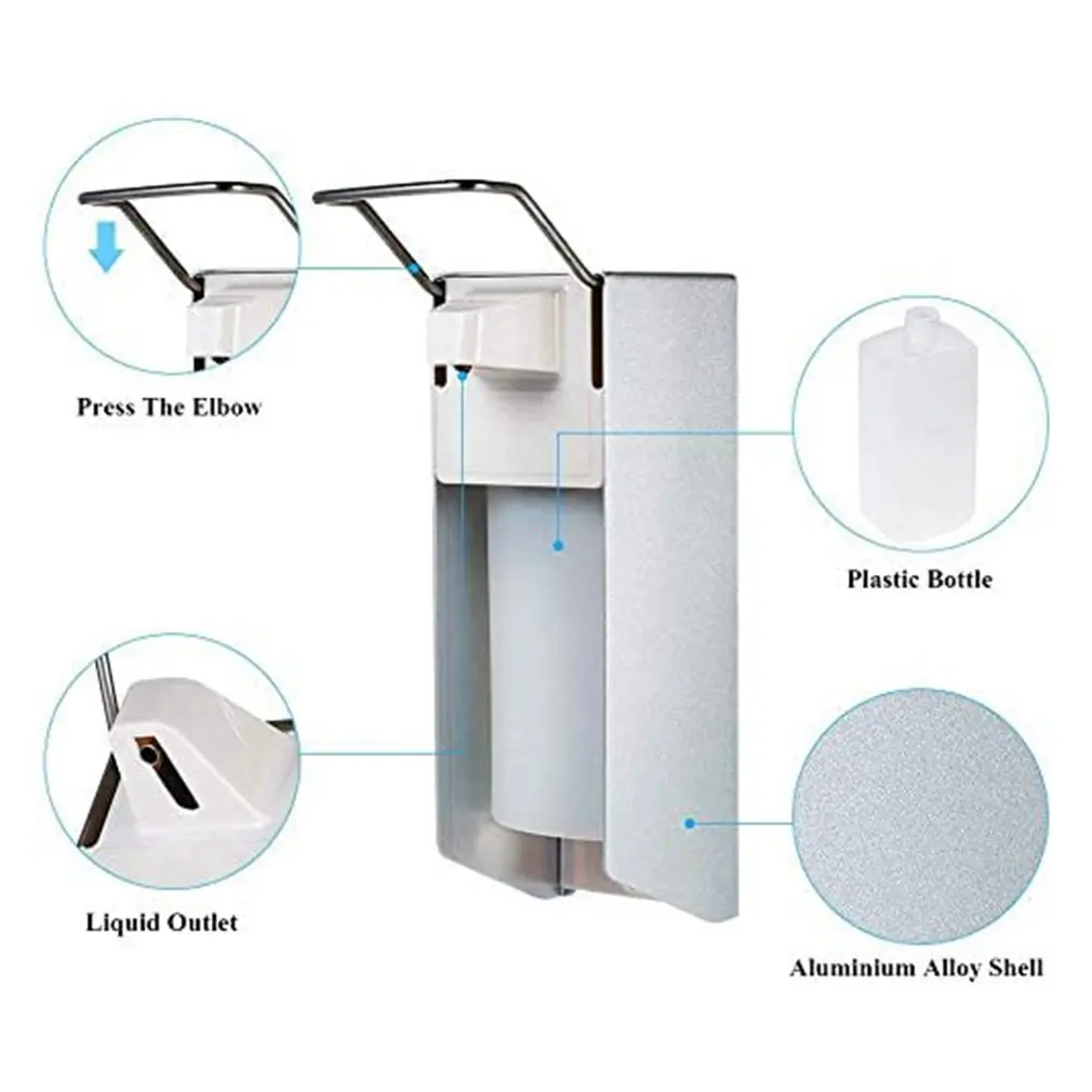 1000ML Wall-mounted Manual  Dispenser, Elbow Pressure Short Lever Stainless Steel Drip Type Press for Kitchen Bathroom