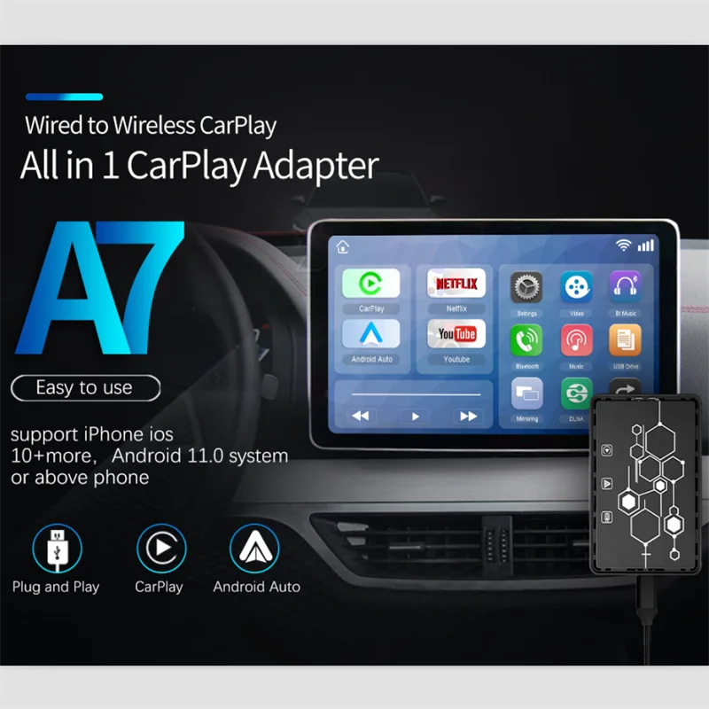 CPA7 Wireless Carplay Smart Box Android Auto YouTube Netflix USB flash drive playback phone mirroring push