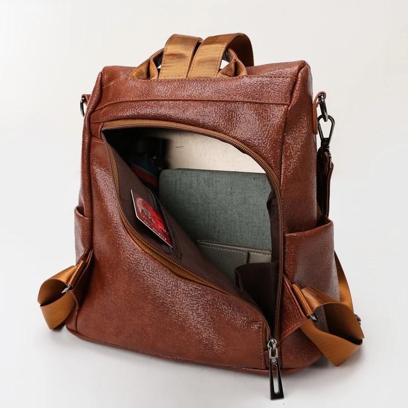 high quality soft PU leather wholesale young teenager casual backpack large capacity solid color backpack with rivet decoration