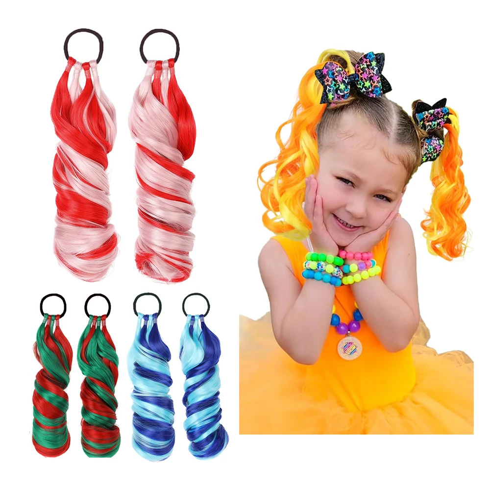 Shinein 12inch Wrap Around Curled Kids Ponytail Braids 2pcs Synthetic Colored Kinky Curly Ponytail Hair Extensions for Kids