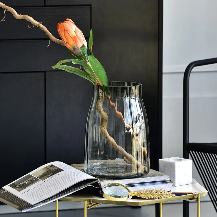 Bixuan Vases Grey Ribbed Handblown Glass Flower Arrangement Jar Vase Candleholder Table Decoration Centerpieces Accent Vases