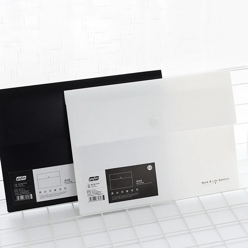 Black and White Frosted PP File Bag Office Plastic Folder A5/A4/A3 Button Closure Document Holder Large Capacity Data Organizer