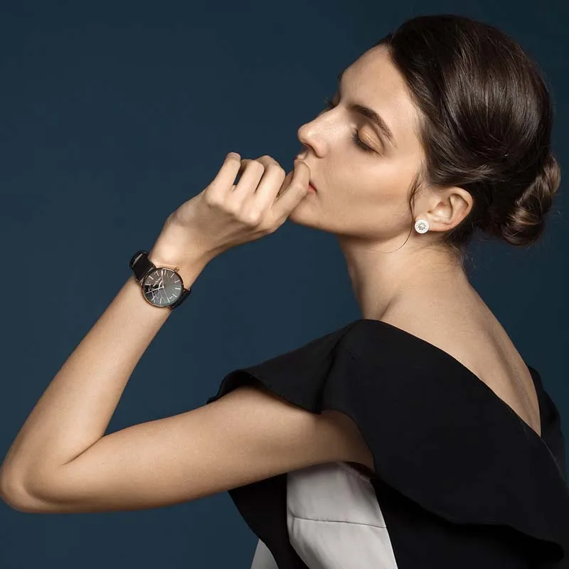 Branded Black Marble genuine leather strap lady fashion watch for ladies