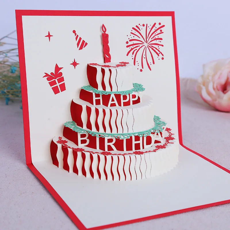Customized 2 Fold 3d Pop Up Happy Birthday Led Light Voice Record Musical Greeting Cards with Envelope