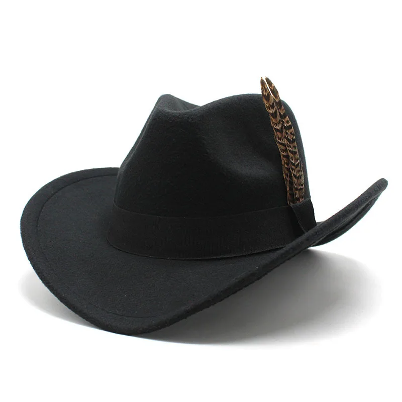 Men Mexican Felt cowboy hat Wide brim fedora hat with Feather