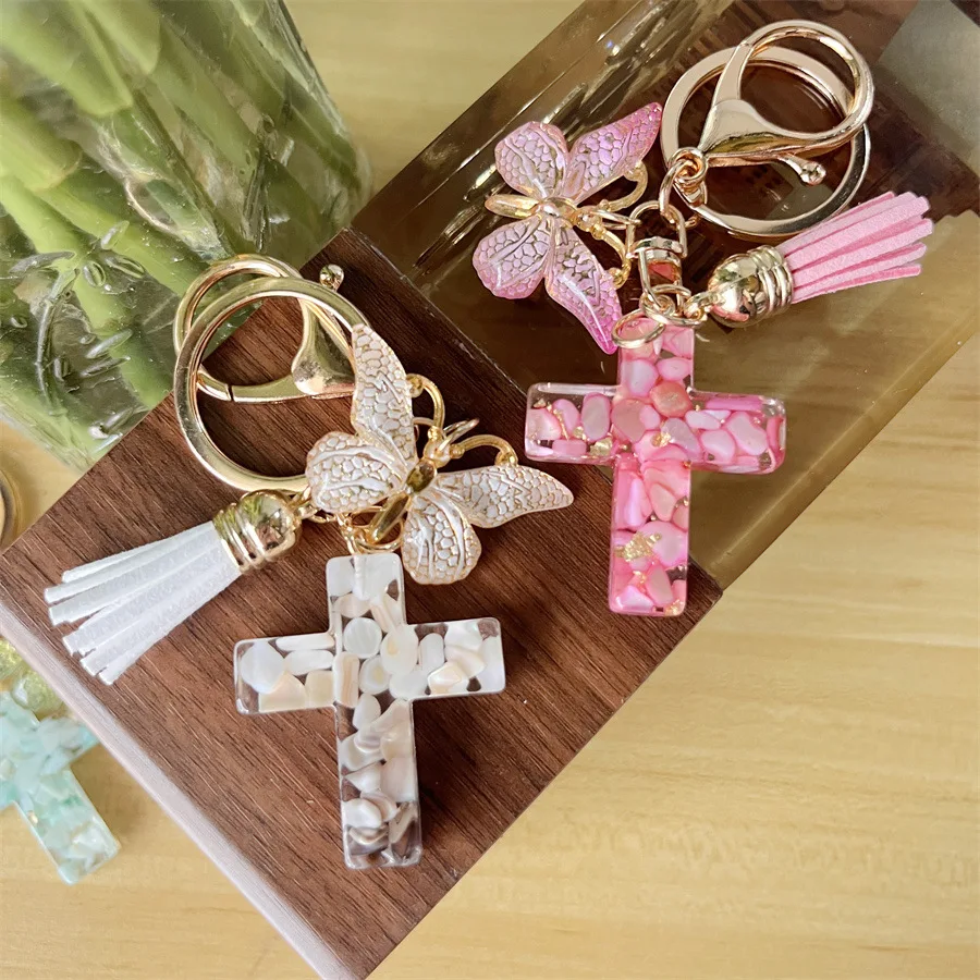 Wholesale Colorful Butterfly Glitter Resin Keychain Tassel Charms Bag Car Pendant Acrylic Butterfly Cross Key Chains