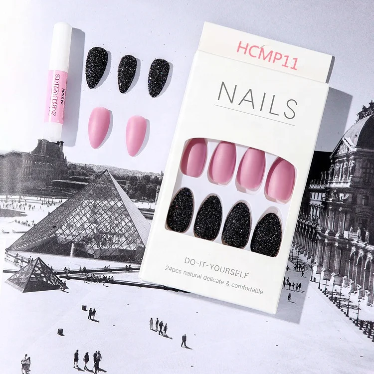 High Quality Almond tip Coffin Solid Color Glitter nail press on stick on nails acrylic