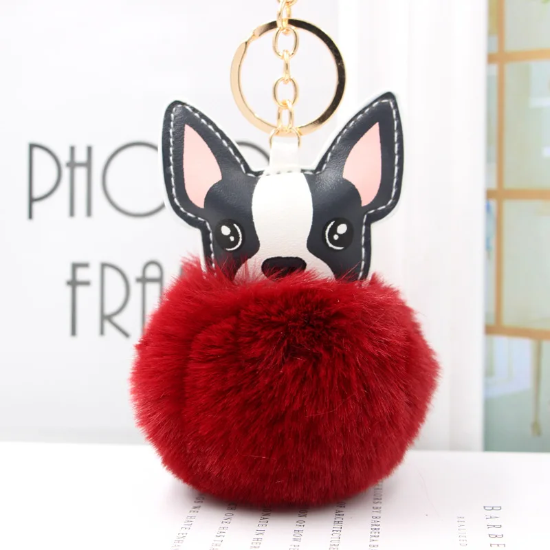 Cute Dog Shape Pom Pom Fur Ball Animal Key Rings for Promotional Gifts Key Chains Plush Ball Bag Pendant Holder