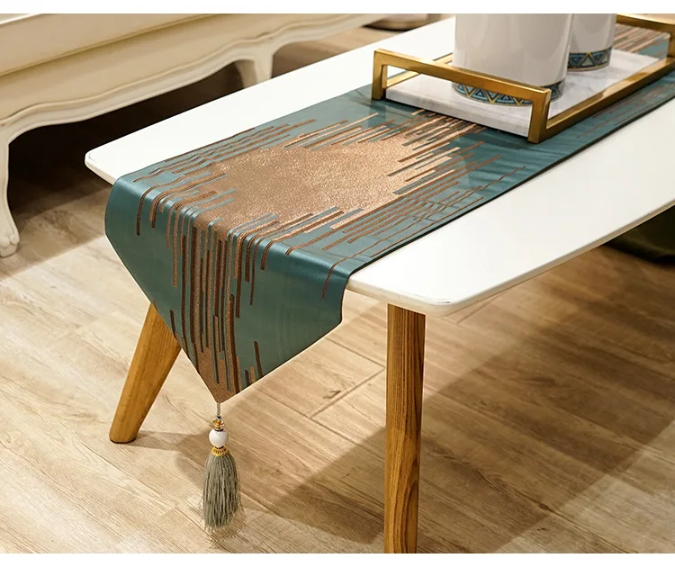 Triangle End Cotton Table Runner with Tassel Home Decorative Striped Table Top with shimmering Silk
