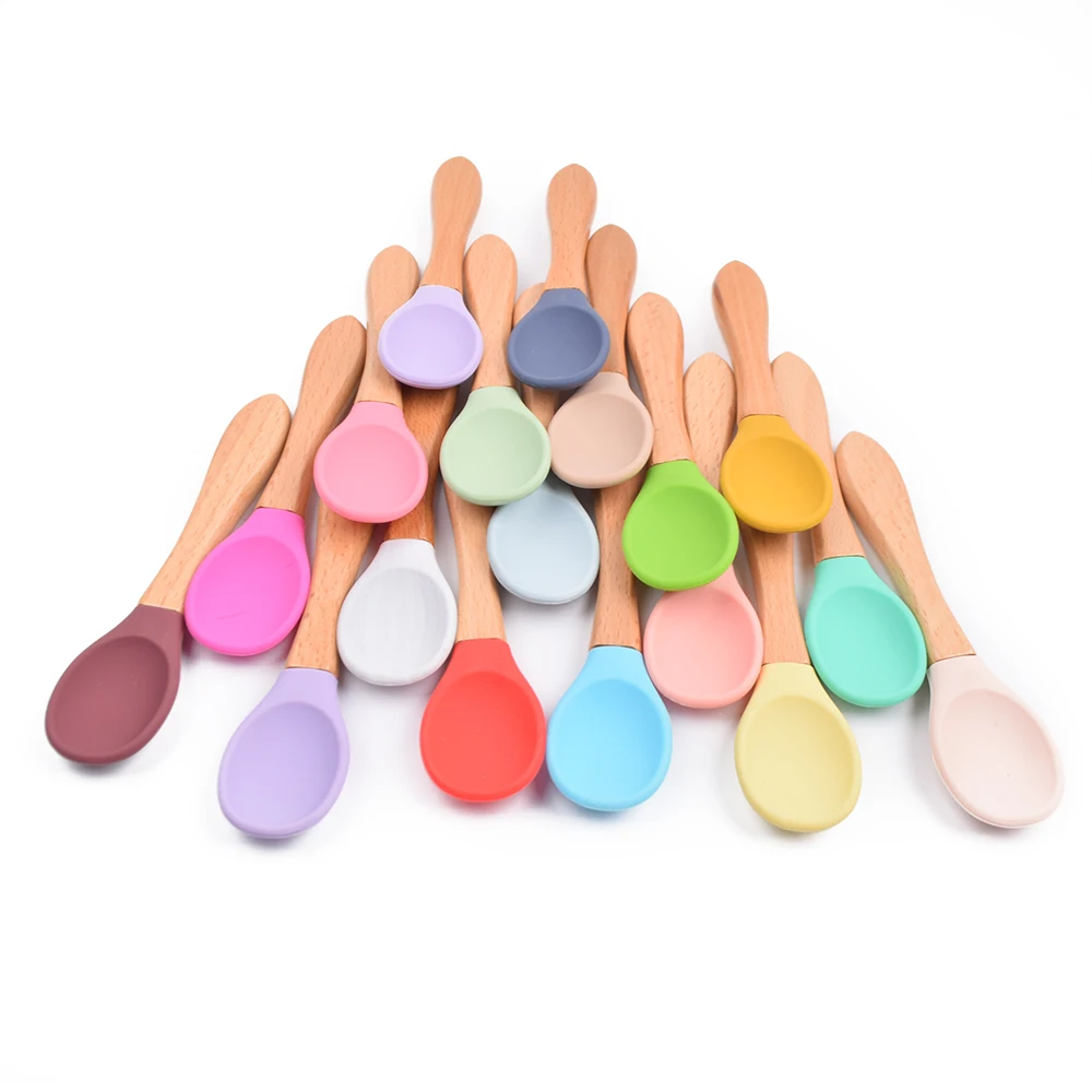 28 Colors Food Grade Tableware Toddler Utensils Feeding Spoon And Fork Set Kids Silicone Wooden Baby Spoon With Wooden Handle
