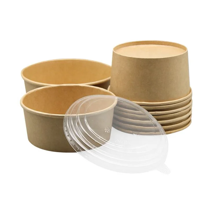 Wholesale disposable kraft paper soup bowl  fruit salad container brown craft paper salad bowl with lid 1200ml  paper soup cup