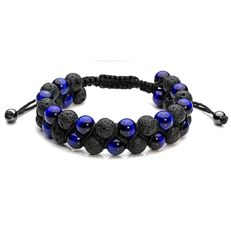 Natural Gemstone Tiger Eye Double Layers Stress Relief Macrame Adjustable Rope Beaded Bracelets For Men