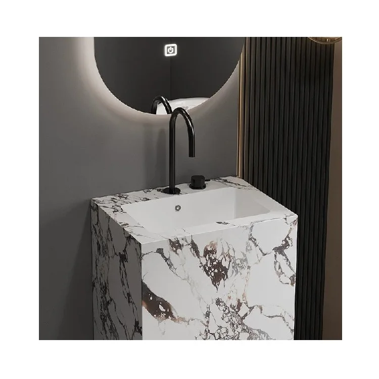 High-end rock slab pedestal basin Bathroom Ceramic Hand Wash Pedestal Sink with smart mirror