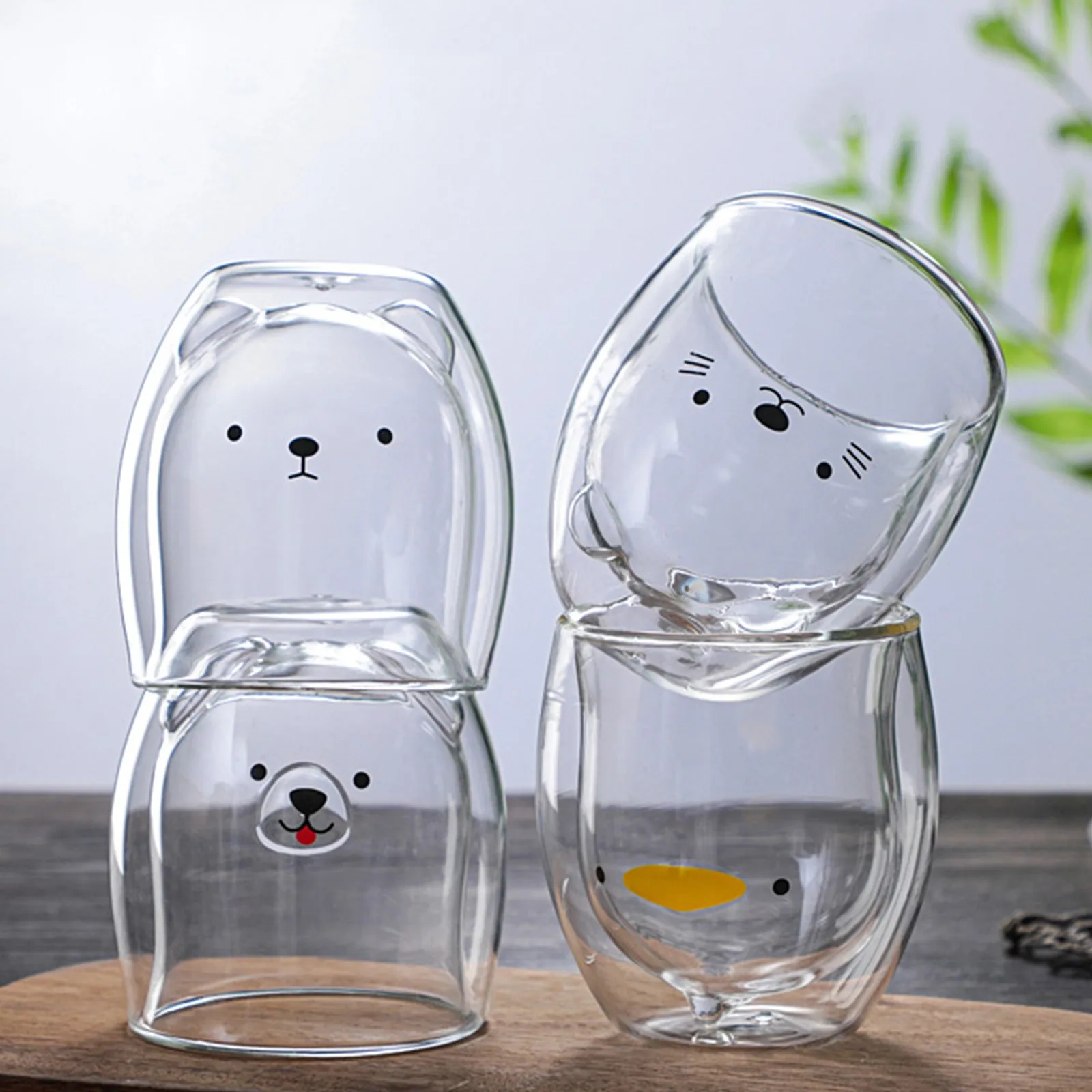 Lovely Bear Cat Dog Animal Double-layer Tea Milk Coffee Cup With Round Mouth Prevent Scald Cartoon Glass Mugs Christmas Gift