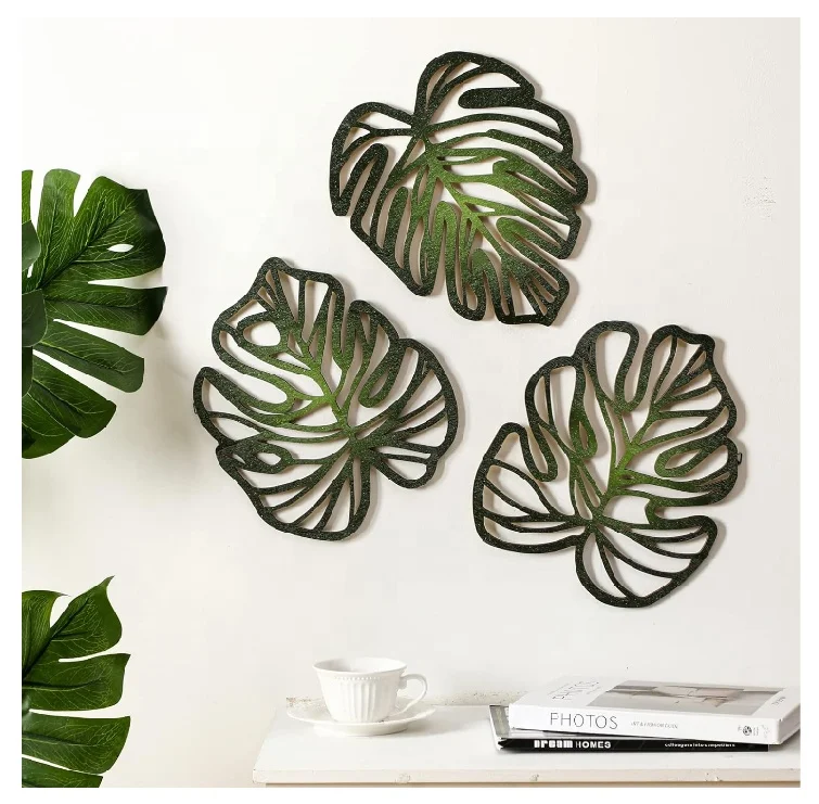 Wood Hanging Sculpture Vintage Tropical Plant Plaque Wall Art Wooden Palm Leaves Plant Wall Decor for Home  Room Office
