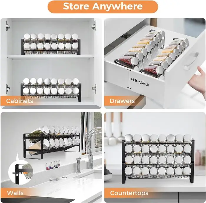 Guangzhou Manufacture Metal Black Wire 4 Tier Countertop Spice Jar Organizer Rack Stackable Rust-proof Bottle Storage Racks