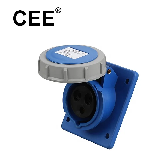 CEE IP67 2P+E 220-250V 16A 3 pin electric industrial plug and socket angled panel mounted socket