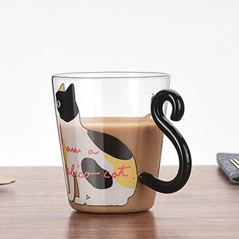 Cute 250ml Glass Mug with Cat Tail Handle Nihonn Japanese Style Cartoon Cat Design for Home Gift Accessory for Kids Students