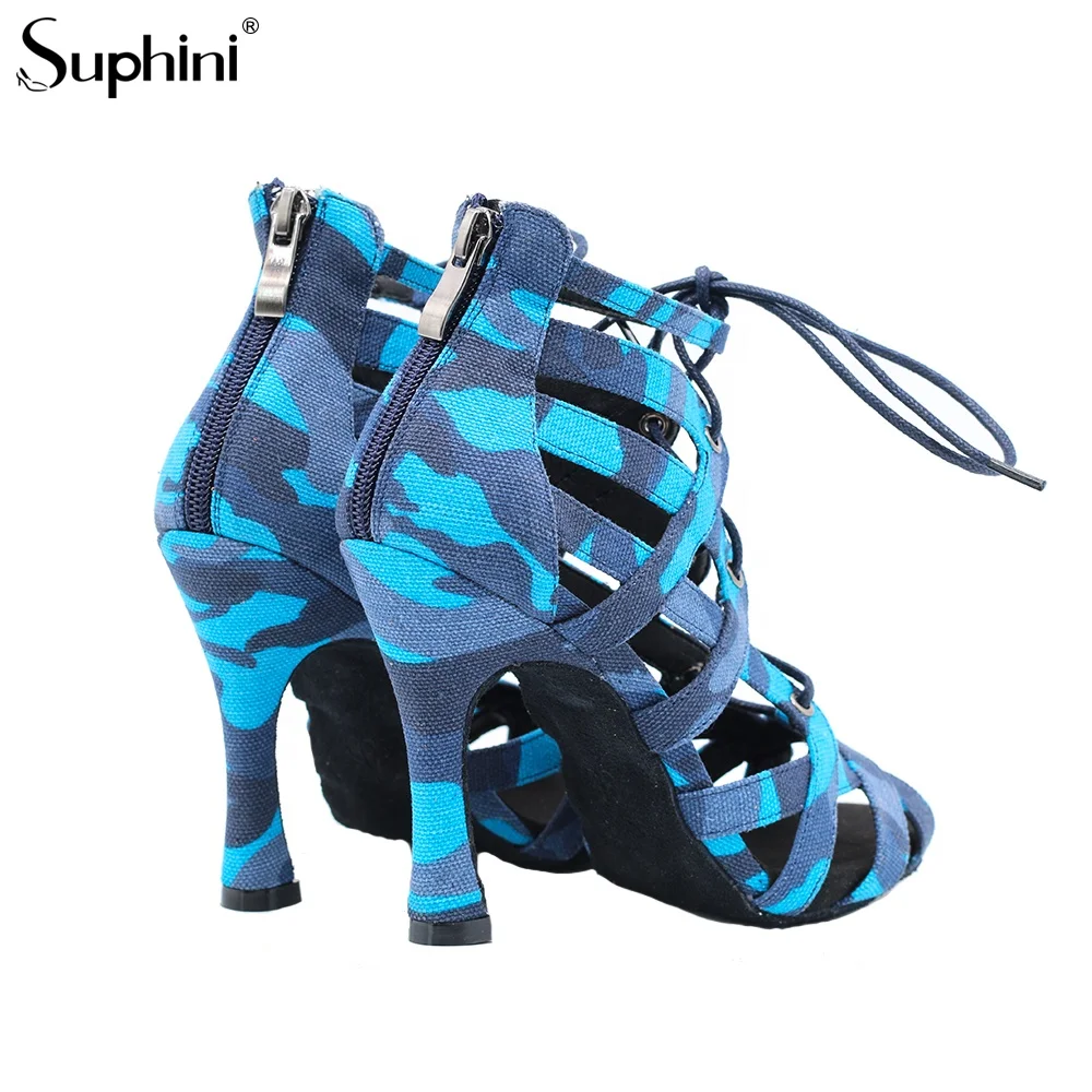 Suphini Новое Поступление Синие камуфляжные каблуки Латинская Сальса Бачата шнуровка 10 см танцевальные сапоги