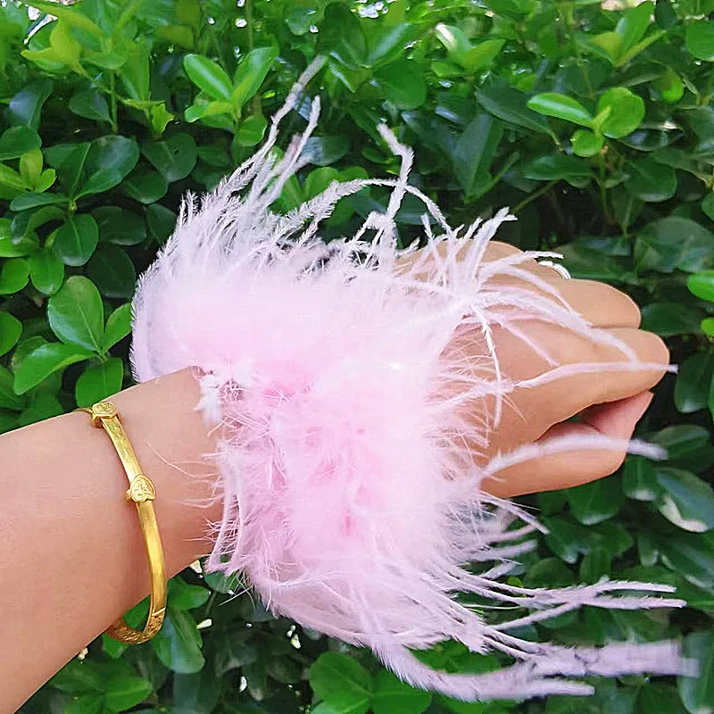 2022 New Long Ostrich Feather Clap Slap Bracelet Turkey Fur Wristband Detachable Real Feather Fur Cuffs