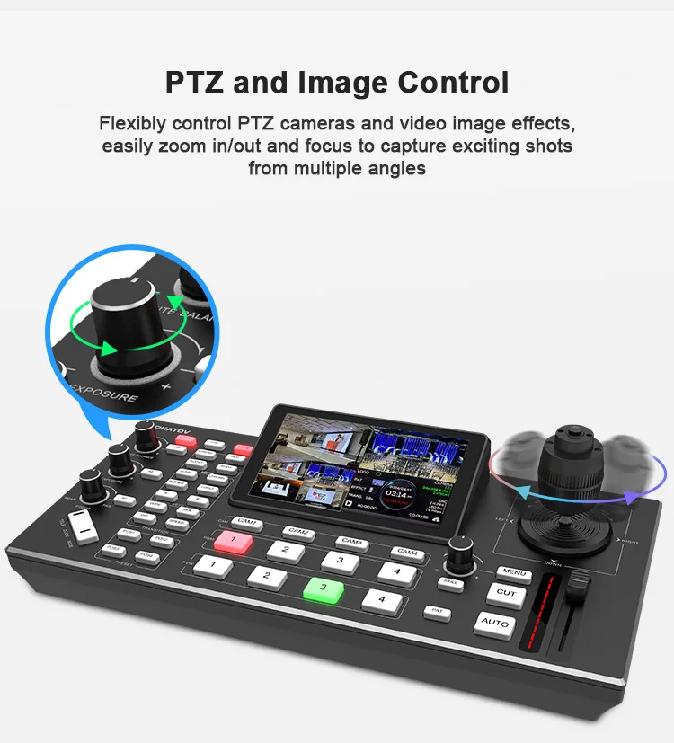 Professional 4 channels mixer switcher live streaming black magic video 5.5 inch FHD LCD screen PTZ control video switcher