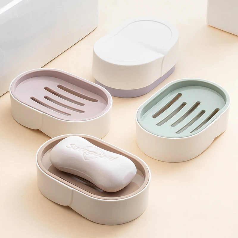 Wholesale cheap hotel bathroom double layer PP soap storage holder base drain tray soap dish case plastic soap box with lid