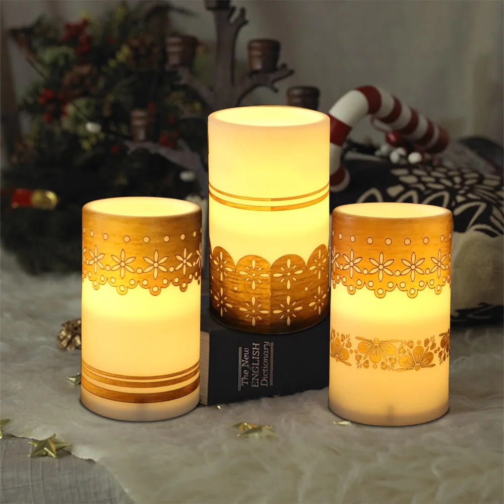 New Design Golden Hollow Out Printing Candle Battery Power Led Pillar Candle Light for Home Decoration