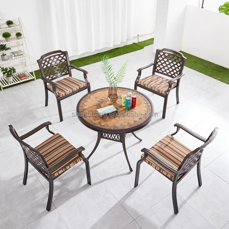 Luxury waterproof outdoor garden backyard furniture cast aluminium dining set long table with 4 chairs