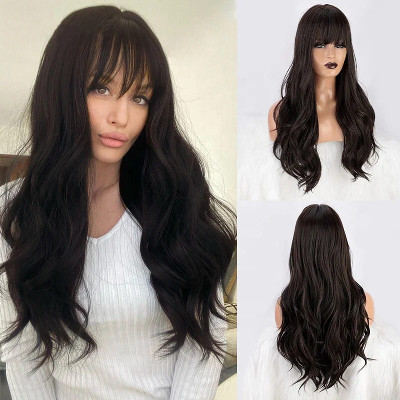 Synthetic Wigs Natural Brown Wavy Hair Wig for Women Cosplay Heat Resistant Fiber Dark Brown Daily Wigs with Bangs