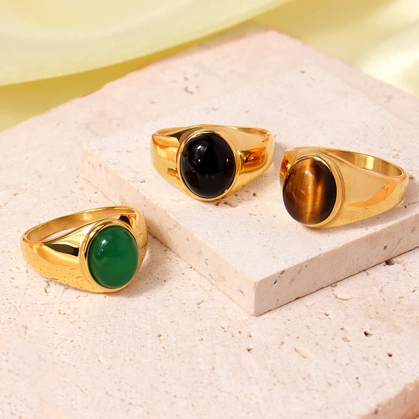 Vintage 18k  Gold Stainless Steel Oval Shape Ring Brown Tiger Eye Black Green Large Natural Stone Finger Stone Ring