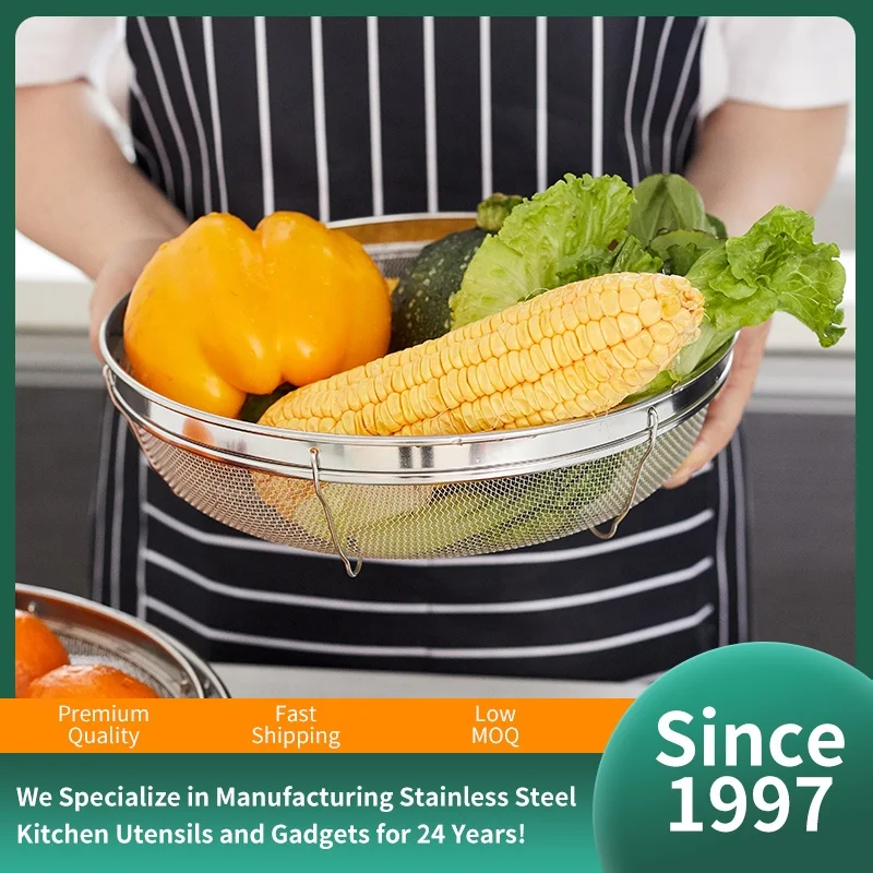 Stainless steel micro perforated colanders strainers with double handle for draining rinsing washing