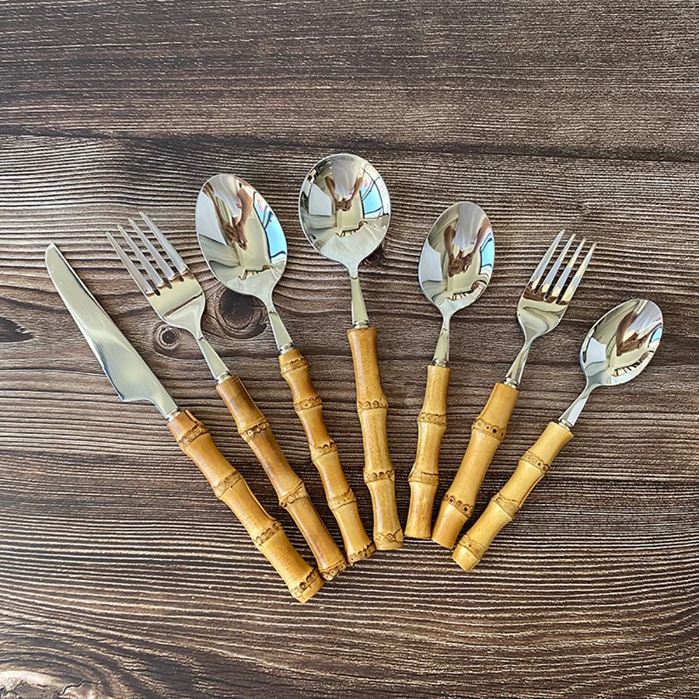 Snyno 100% Natural Bamboo Handle Flatware Set 304 Stainless Steel Spoon Fork Knife Bamboo Handle Cutlery