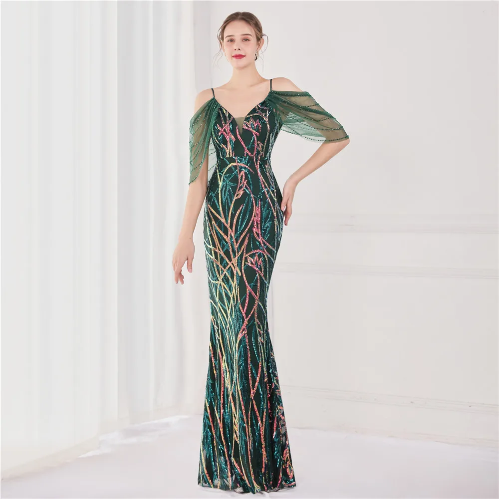 19022#2021 Sexy Trumpet Half Sleeve Mermaid Beading New Fashion Short Sleeve Flare Sleeve Half Sleeve Floor-length
