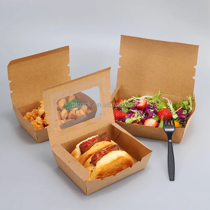 PTPACK Custom Logo Disposable Food Container Bento Lunch Box Kraft Paper Box For Food With Window Packaging