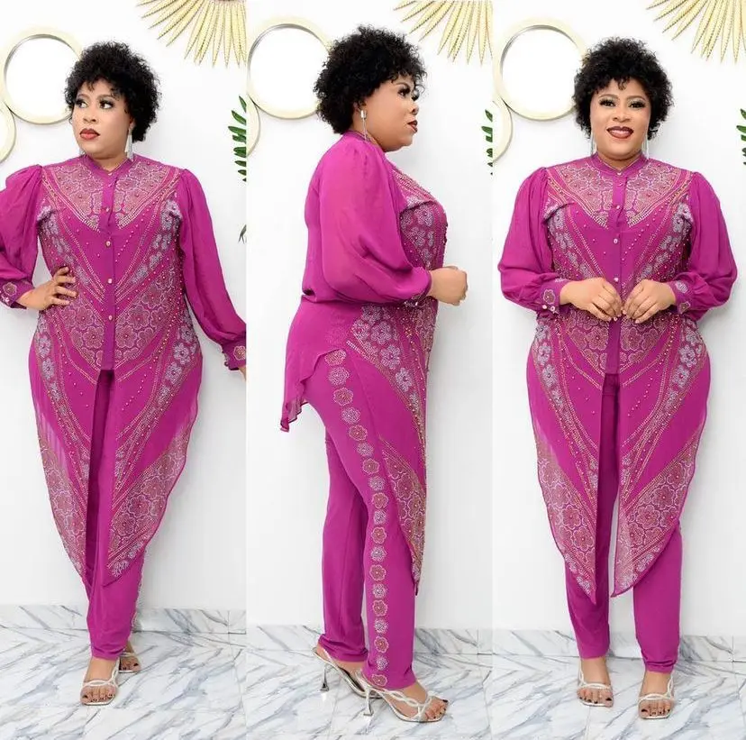 H & D 3 Pieces Sets For African Women Clothes Chiffon Tracksuit With Stones Long Dress Tops Pants Outfits
