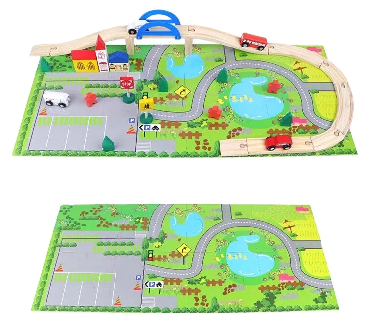 Wooden traffic Scene Train Rail city Overpass puzzle disassemble toys car set toy track