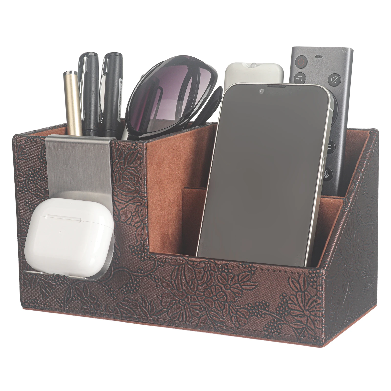 PU Leather Desk Organizer Pen Pencil Holder Business Name Cards Remote Control Holder,Cell phone with Stainless Holder