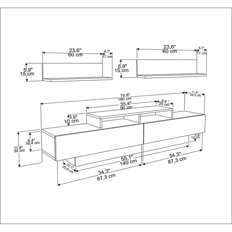 Living Room Furniture Modern European Shelf Television Stand Grey Entertainment Center Tv Cabinet with wall hanging shelf