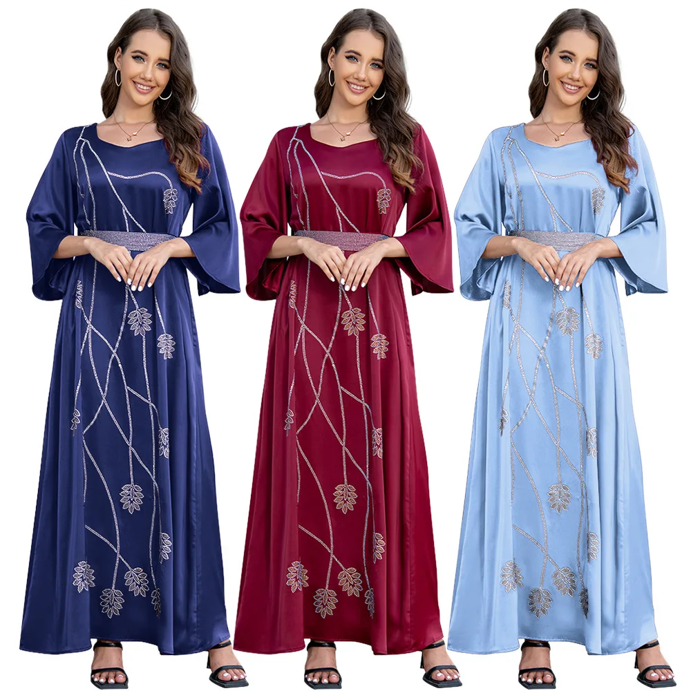 Women Diamonds Dubai Abaya Flare Sleeves Leaf Pattern V Neck Fashion Muslim Robe Evening Dress