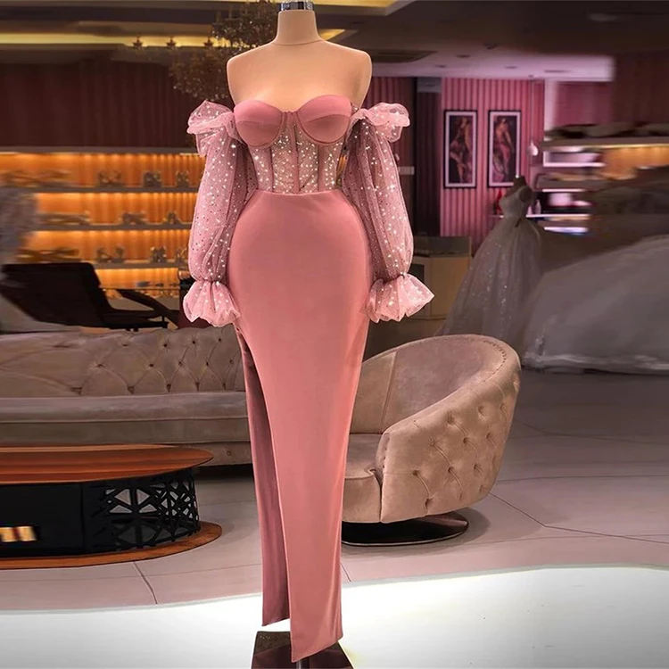 ZISE Off Shoulder High Slit Pink Mermaid Prom Gown Elegant Modest Wholesale Oem Unique High Quality 2022 Evening Dress For Party