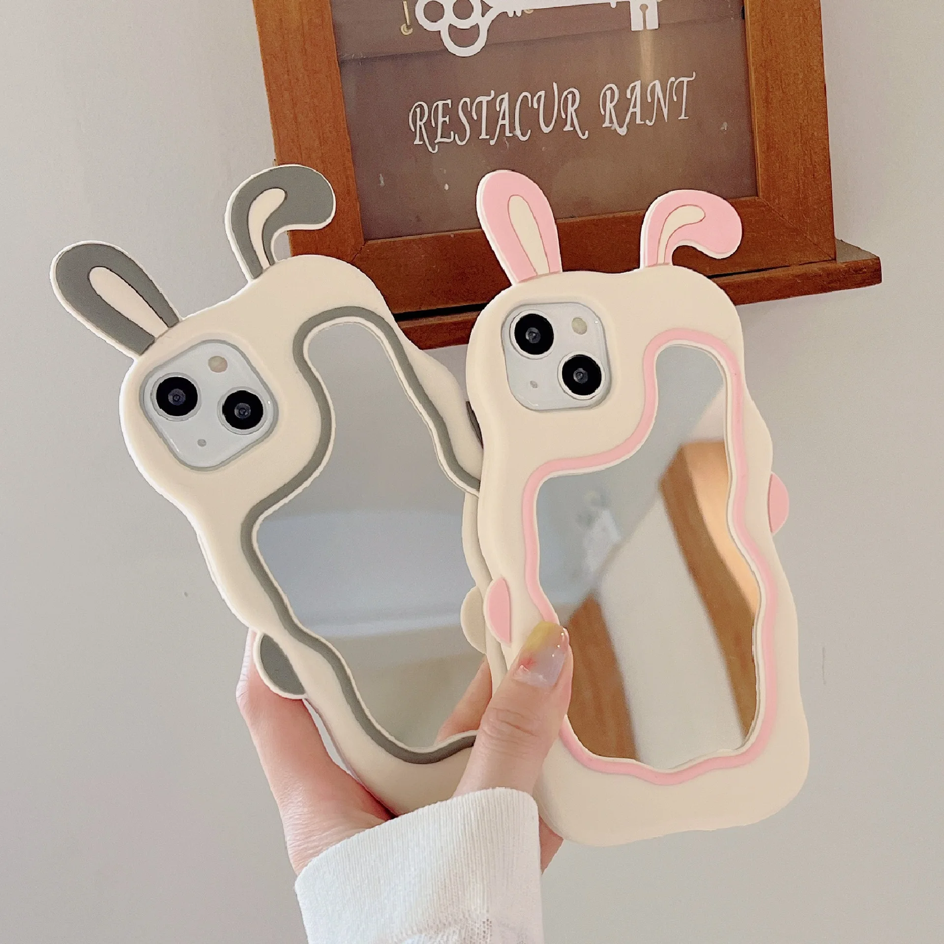 Korea 3D Cute Rabbit Ear Makeup Mirror Silicone Case For iPhone 14 13 11 12 Pro Max XS XR X 7 8 14 Plus Cartoon Shockproof Cover