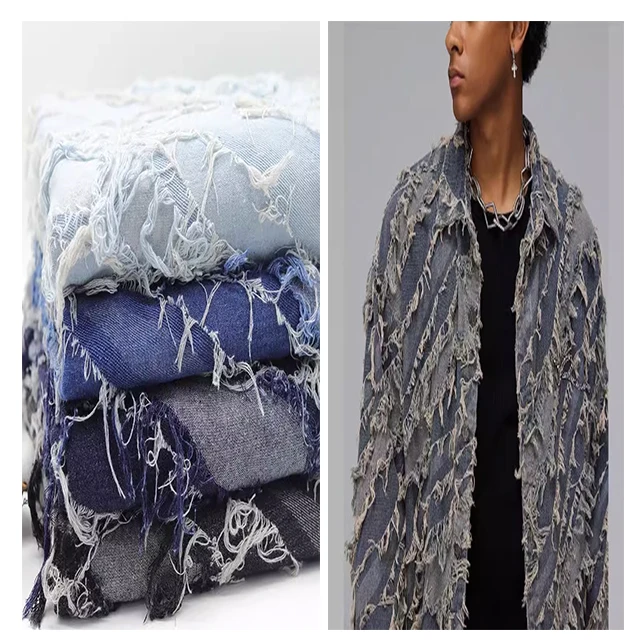 Patchwork fringe washed jacquard denim fabric clothing fabric high-grade handmade DIY clothes jacket fabric
