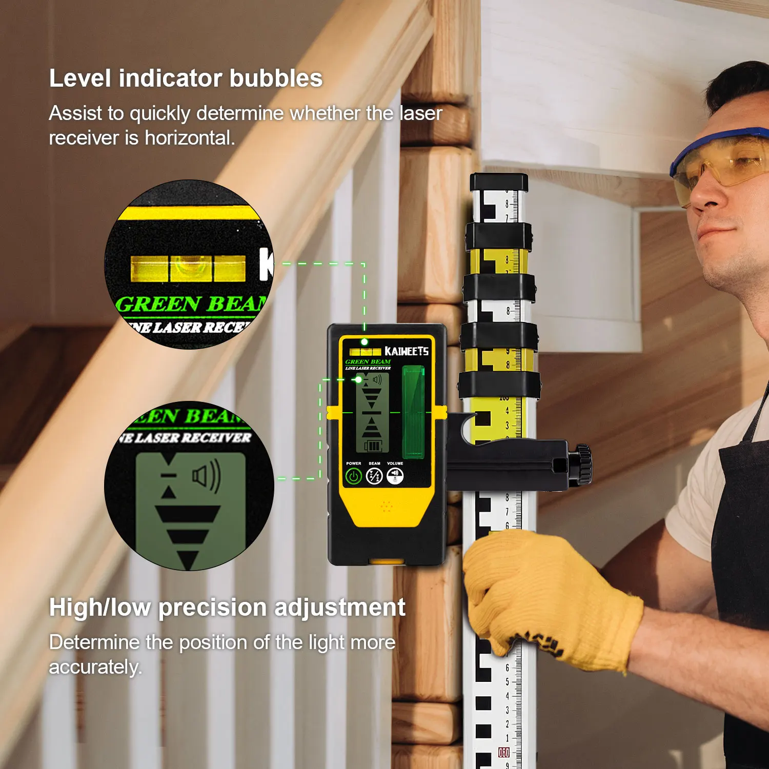 KAIWEETS LR100 Universal Rotary Laser Detector - Digital Rotary Laser Receiver with Dual Display and Built-In Bubble Level