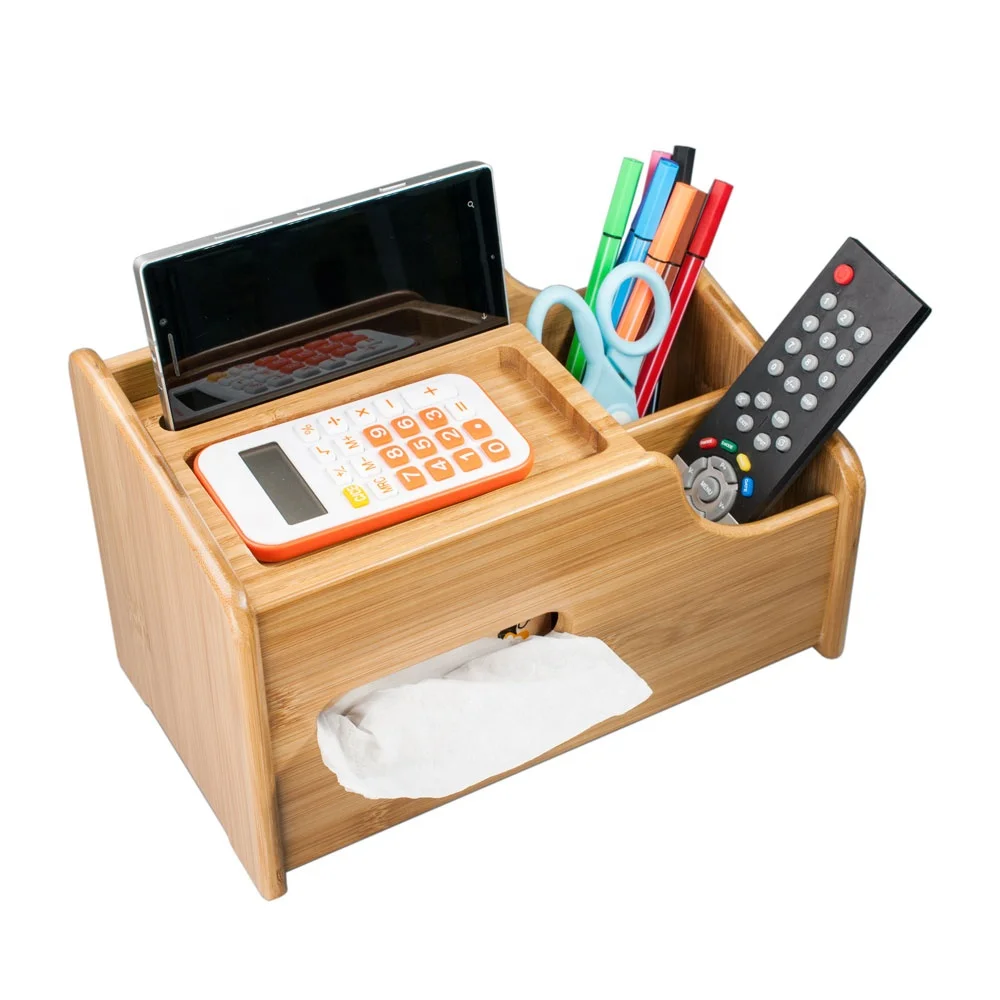 custom made Eco-friendly Office Desktop Stationery Bamboo Wooden Desk Organizer With Tissue Box