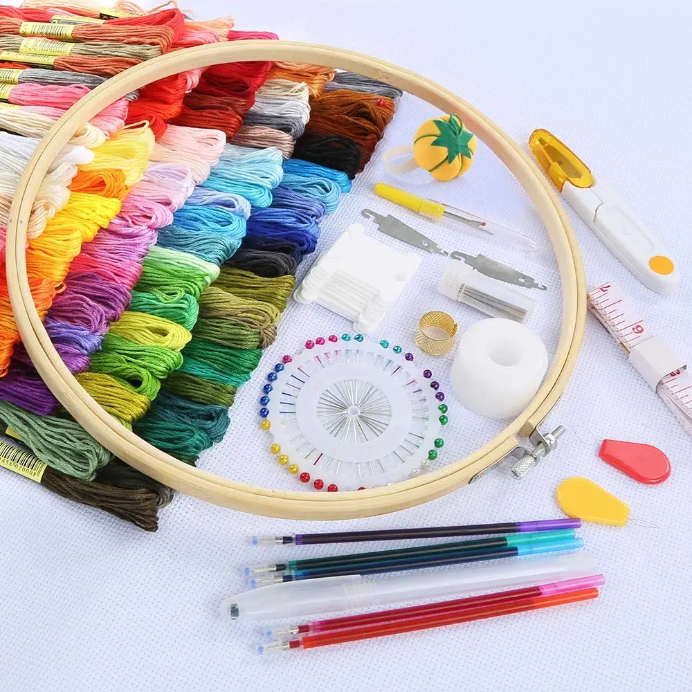 Looen Wholesale 215 PCS DIY Embroidery Starter Kit Bamboo Embroidery Hoops Cross Stitch Tool Kits for Beginners