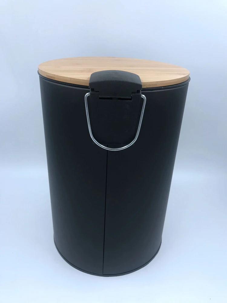 2024 popular model bamboo lid 5 Liter Black Round Metal Foot Pedal trash can with Removable Inner Wastebasket for Kitchen